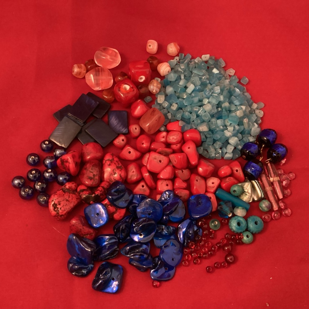 362 grams of mixed material red and blue beads for crafting or jewelry making